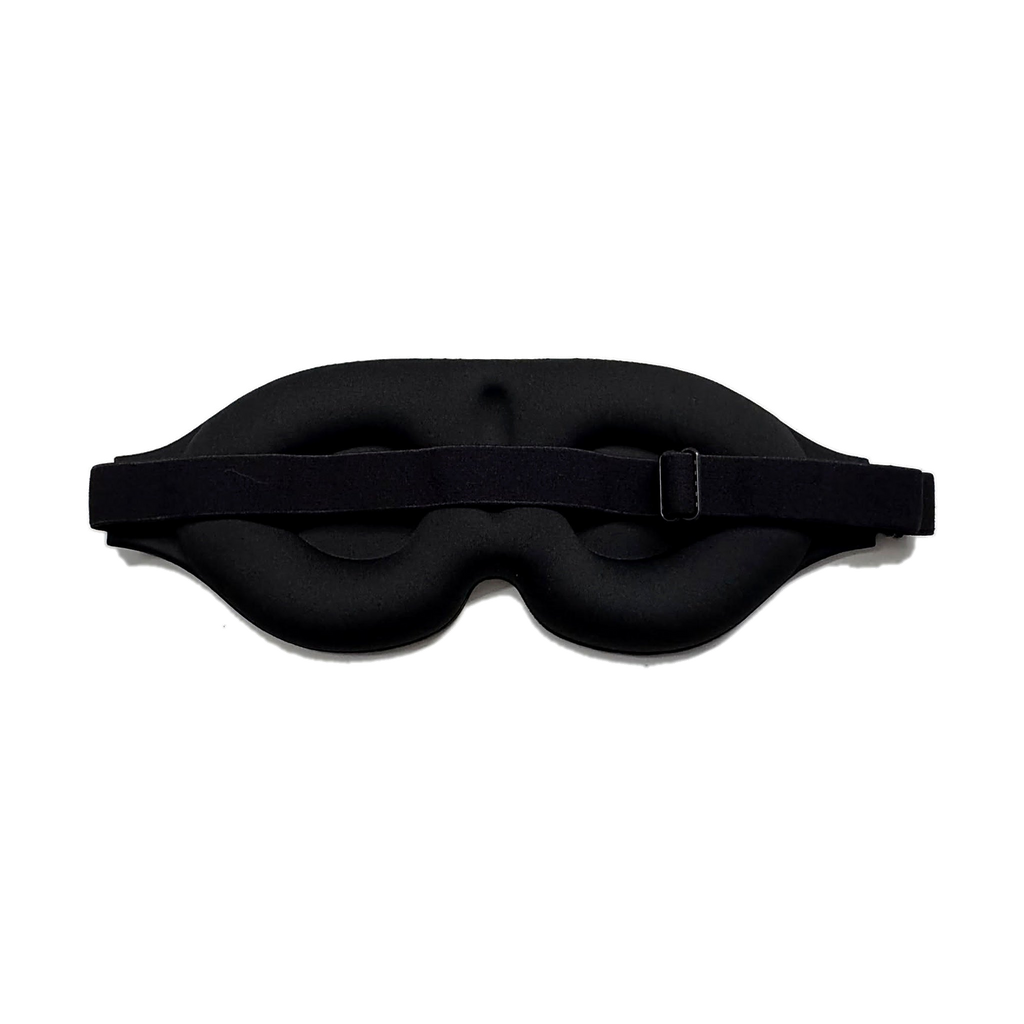 Antifaz 3D Flooxe negro, vista trasera con correa ajustable