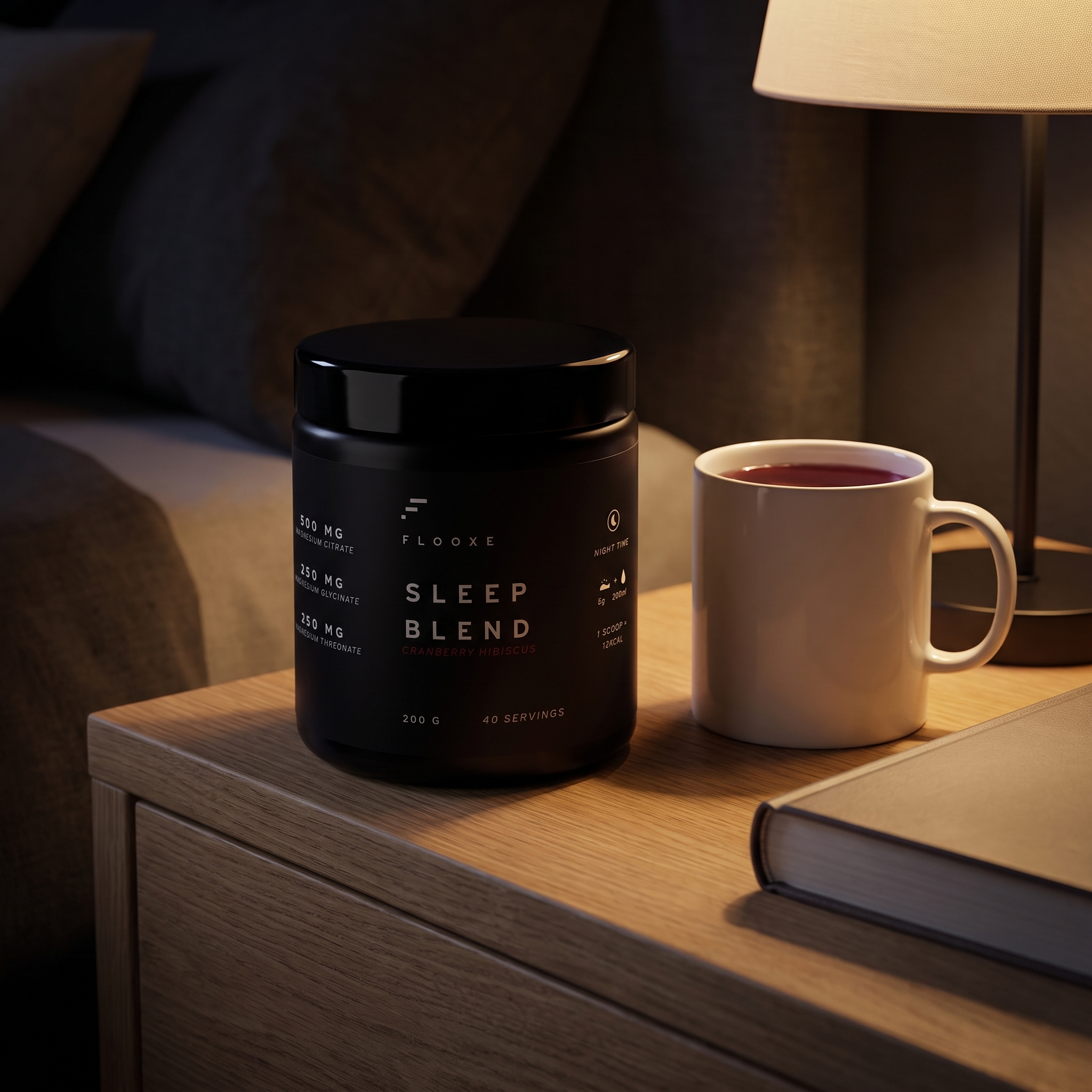 Sleep Blend sobre la mesa de noche junto a una taza de la infusion preparada