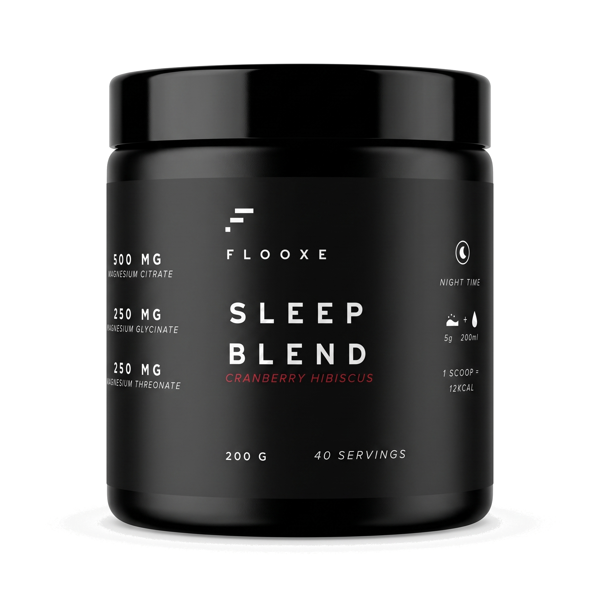 Flooxe Sleep Blend Cranberry Hibiscus, pote de 200 g con 40 porciones, vista frontal